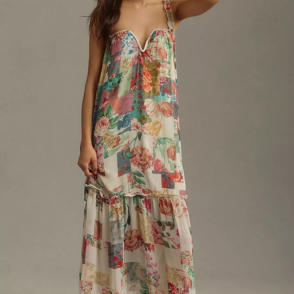Anthropologie Floral Patchwork Maxi Dress - Cream & Multi Color